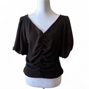 Black Puff Sleeve Ruched Blouse